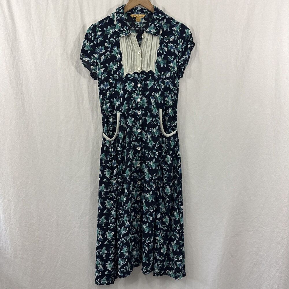 April Cornell Blue Floral Cottagecore Tie Back Pintuck Button Midi Dress Sz XS